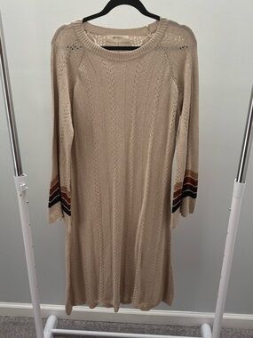 A' Beautiful Soul Beige Metallic Knit Sweater Dress with Stripe Cuffs